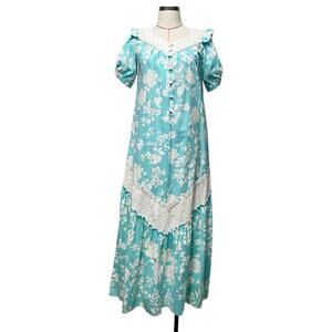 Vintage Andrade Womens Blue Floral Lace Detail Long Hawaii Resort Dress